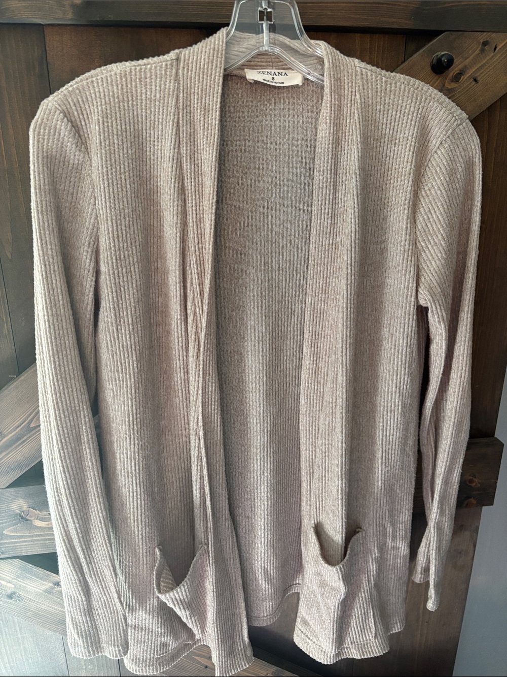 Zenana Taupe Open-Front Ribbed Cardigan with Pockets